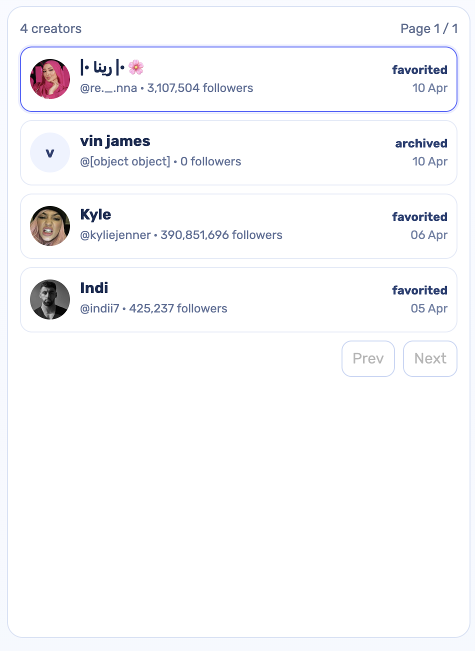 Creator CRM list view with creator records