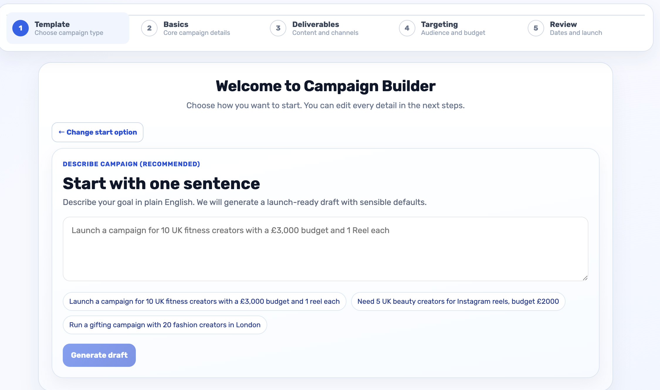Influocial AI campaign builder prompt turning a brief into a campaign draft