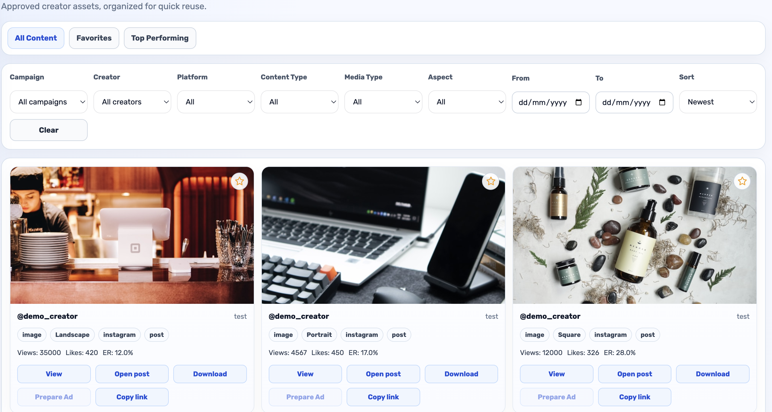 Influocial content library showing approved assets