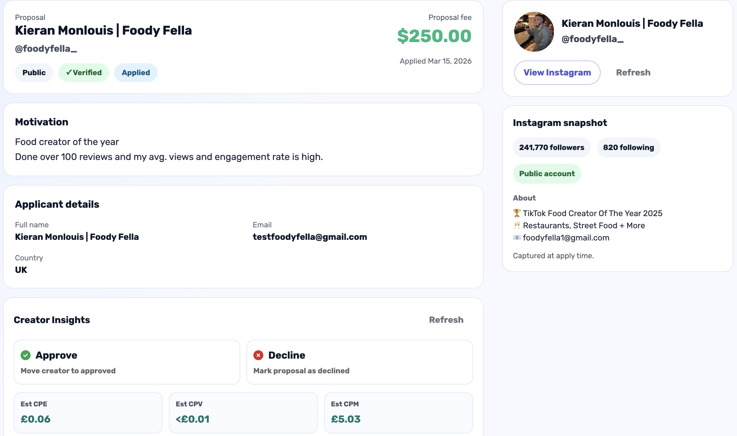 Influocial proposal workflow with creator submission details