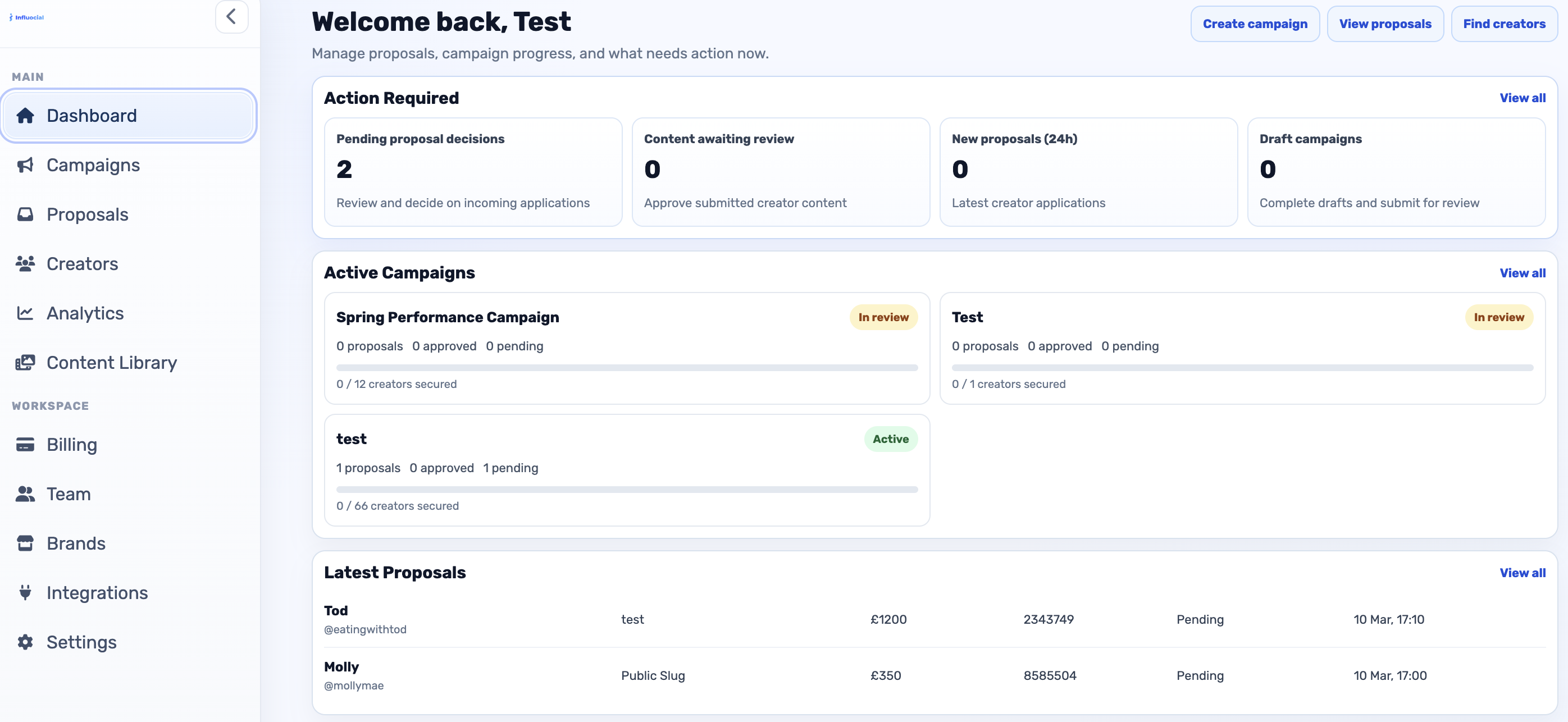 Influocial dashboard showing the main app workspace after login