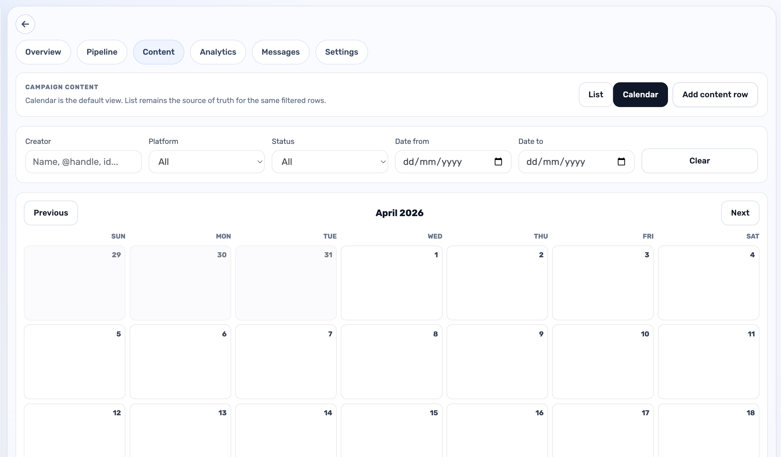 Influocial content calendar view for planned and posted campaign content