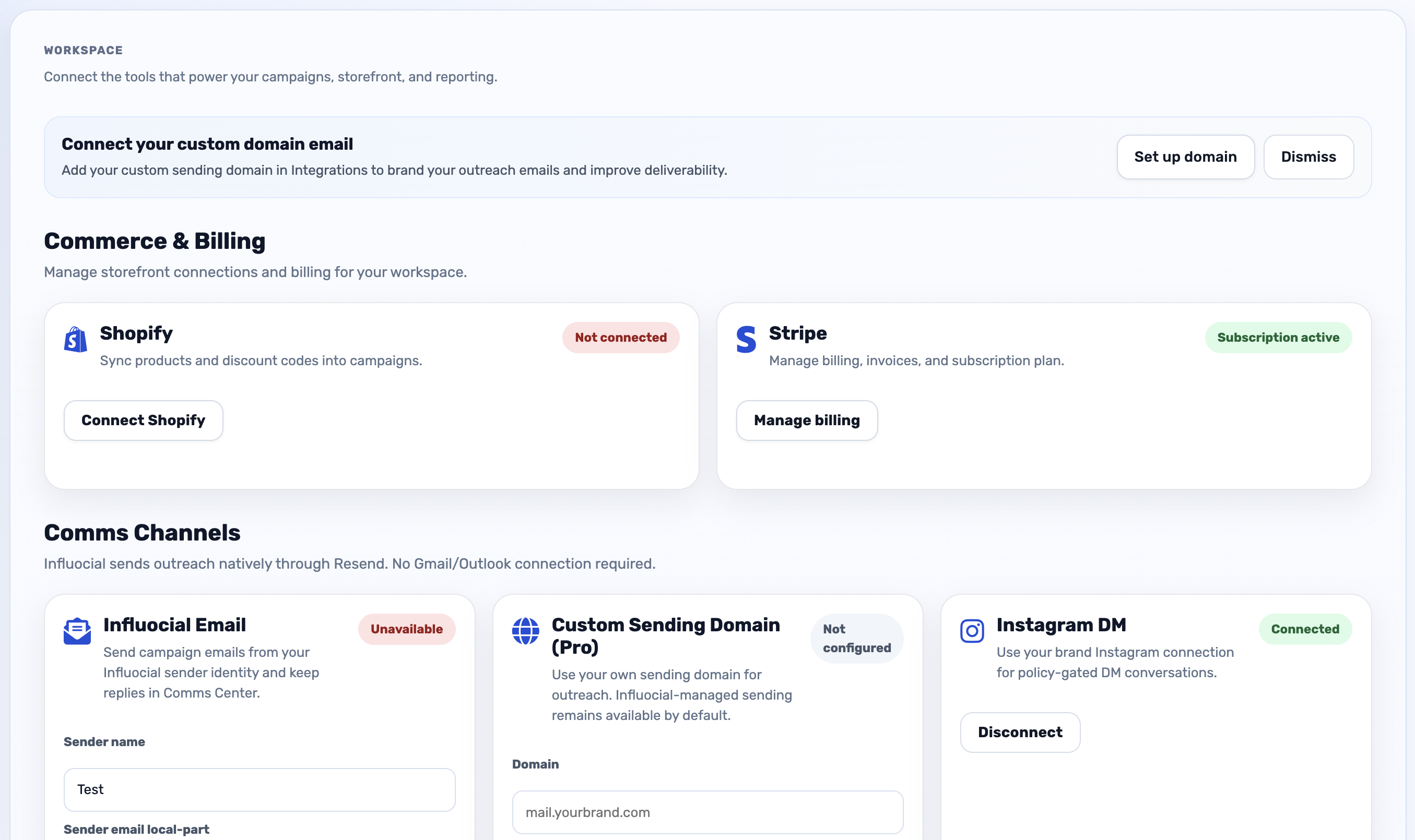 Influocial integrations view including Shopify connection