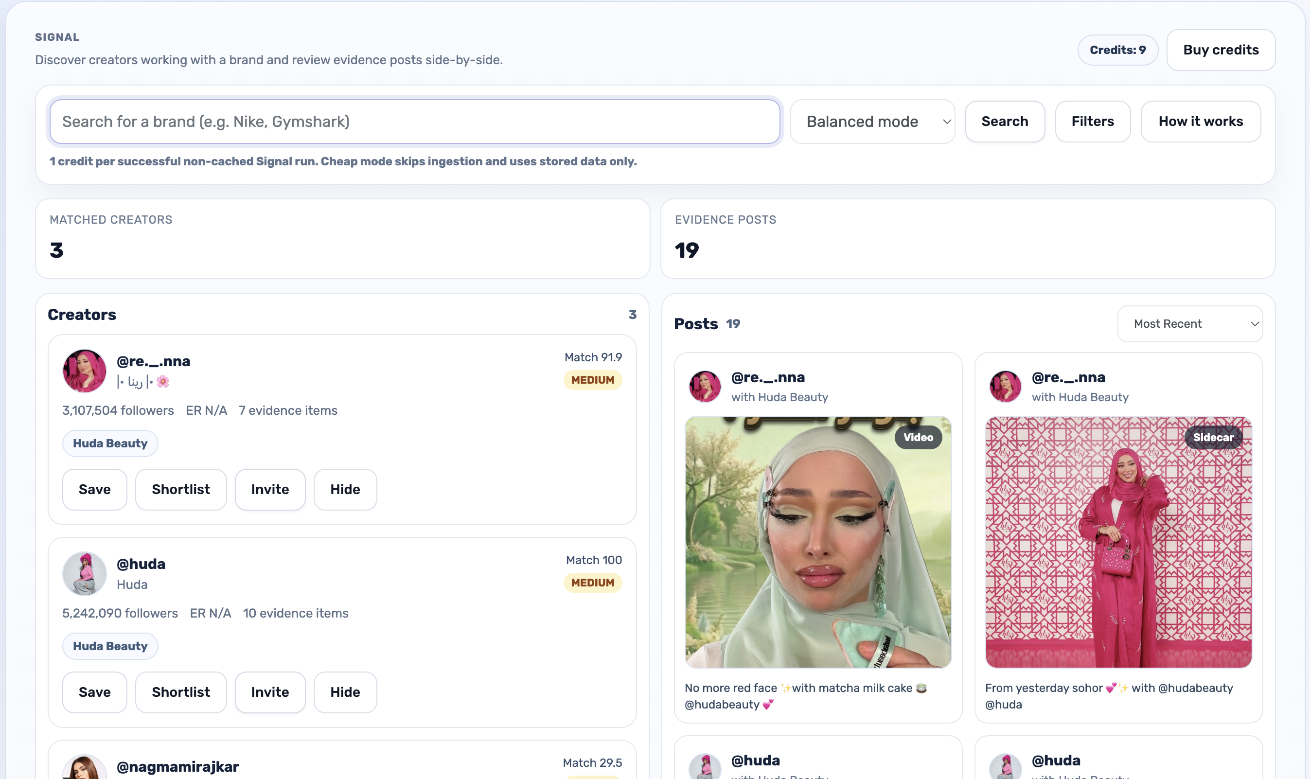 Influocial Signal page showing creator partnership intelligence