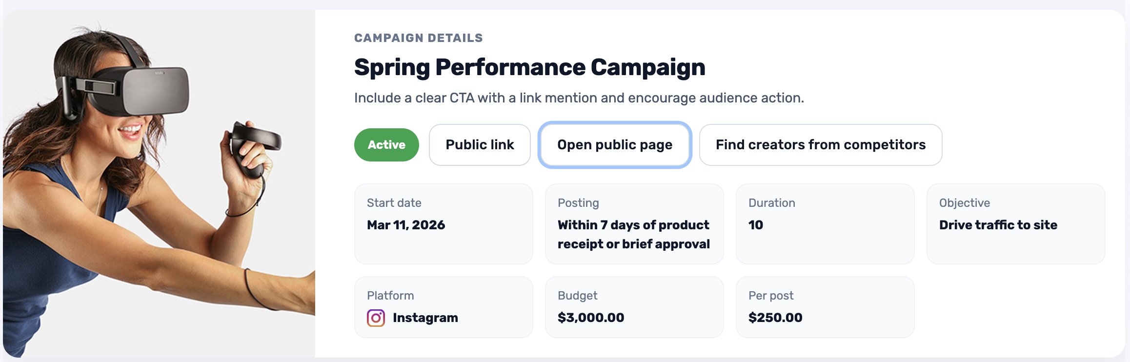 Public campaign page that creators can view and apply to directly